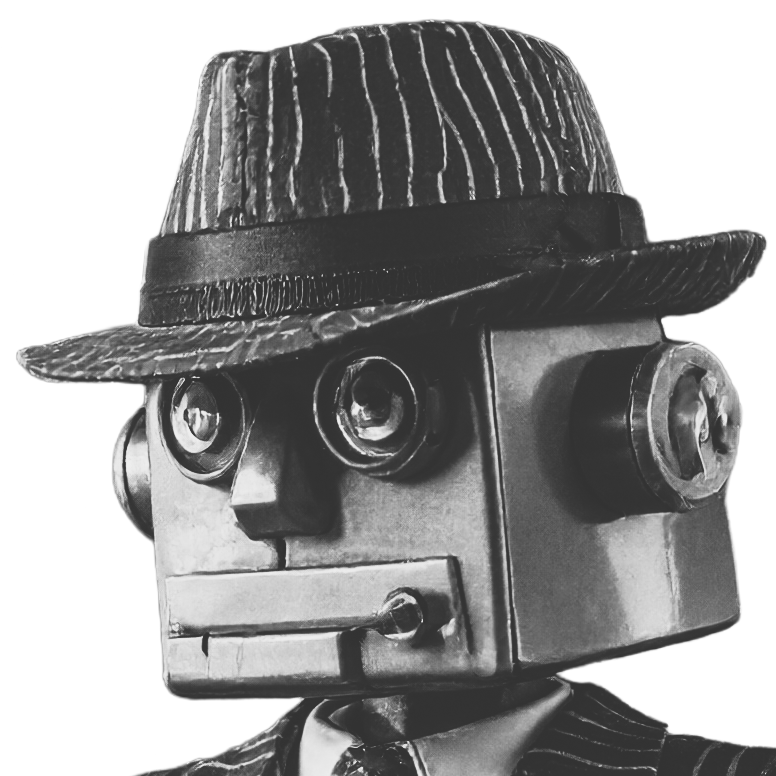 Black and white RoboMaffia wiseguy mascot